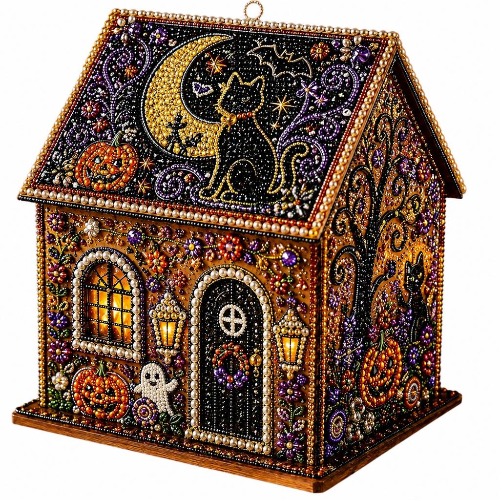 3D Halloween Wooden House Diamond Painting Kit Flying Witch Fun Interactive DIY Craft For Parents And Children Perfect For Creating Festive Holiday
