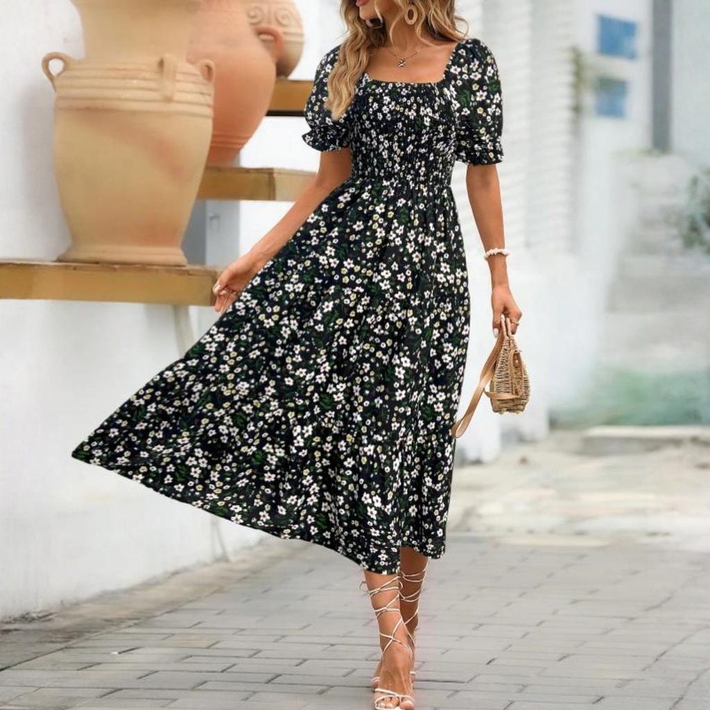 Women Square Neck Smocked Waist Layered Floral Dress with Ruffle Sleeves and Midi Length for Casual and Daily Wear