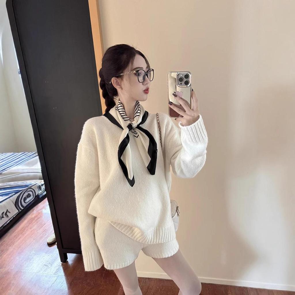 Women's Winter Black Knit Sweater and High-Waist Wide-Leg Shorts Two-Piece Set