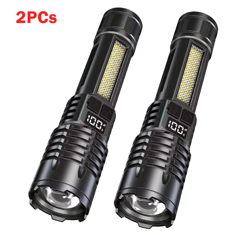Portable Rechargeable High Power LED Flashlights With Display Screen Zoom Tactical Torch Lamp with Emergency Side Lights Lantern