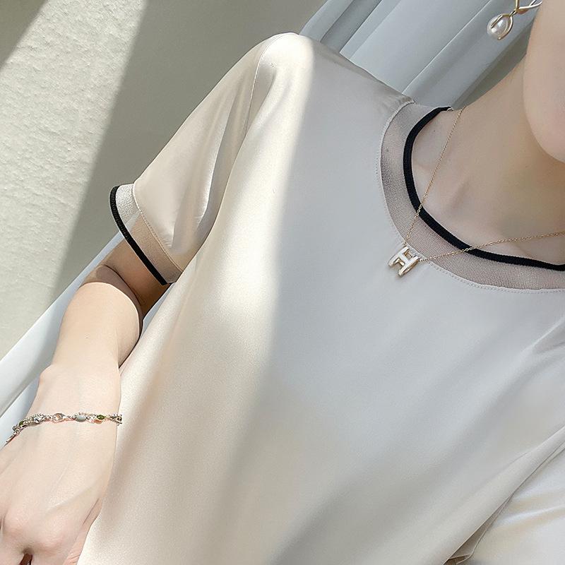 

Ацетановая атласная футболка с короткими рукавами для женщин, сетчатый топ с круглым вырезом, новинка лета, свободная, контрастного цвета, ацетановая с рукавами до локтя XXXL