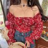 2025 Elegant French Floral Square Neck Puff Sleeve Lace-up Top for Women