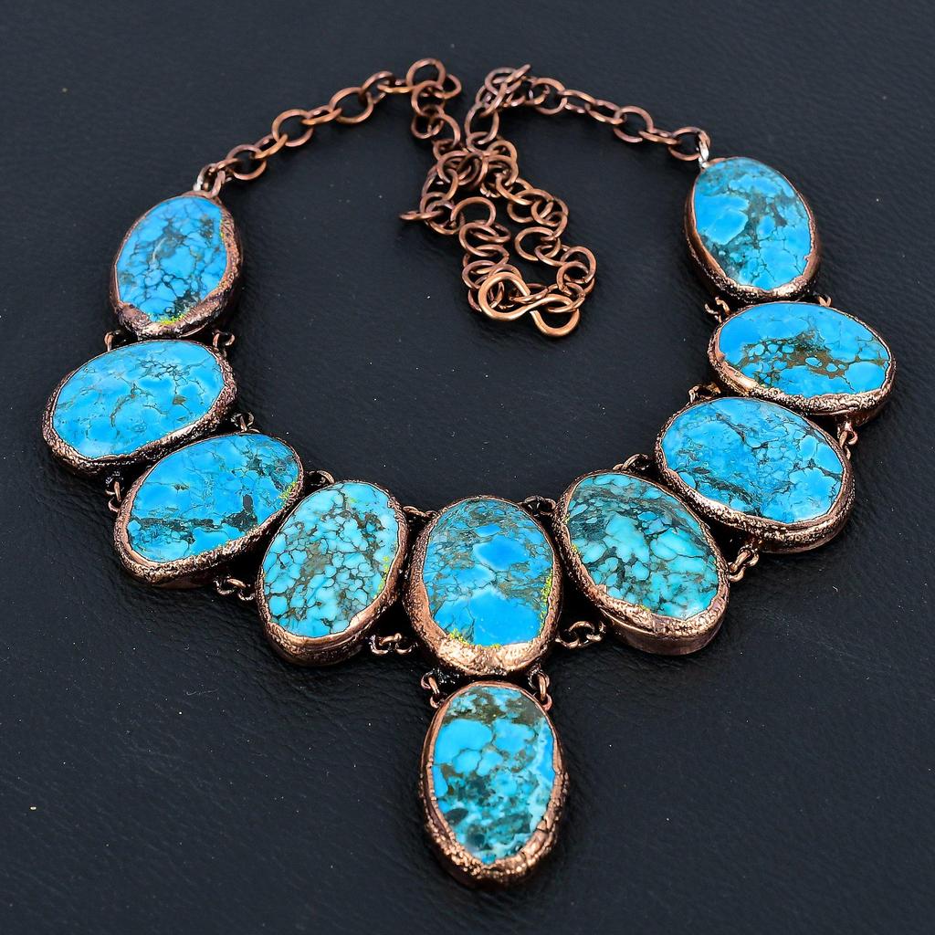 Blue Turquoise Handmade Gemstone Necklace, Copper Electroformed Antique Jewelry Adjustable Chain Necklace, For Engagement Gift