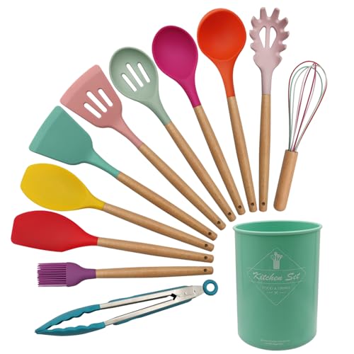 Kochutensilien-Set mit 12 Küchenutensilien aus Silikon mit Griffen aus Massivholz und einem Haltereimer