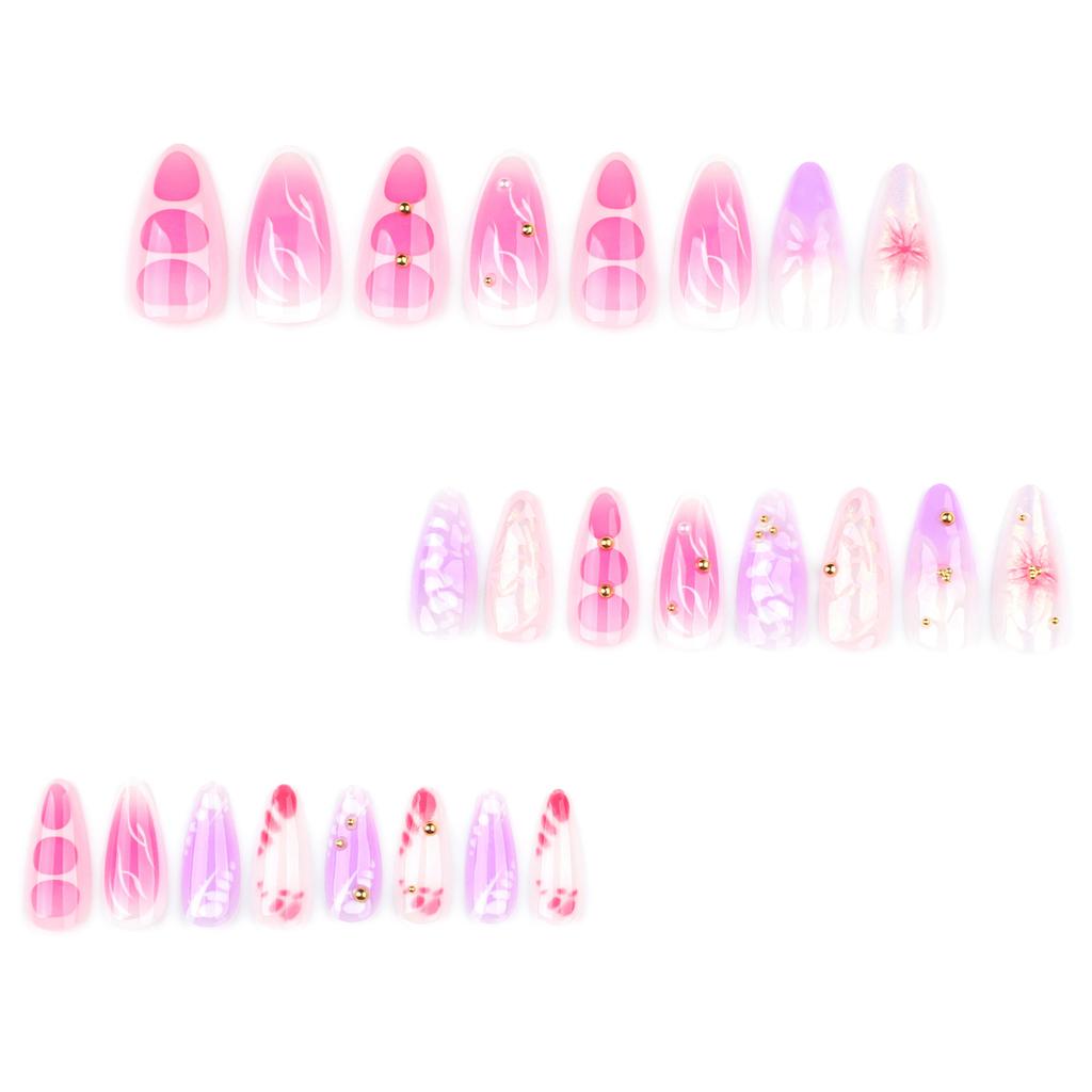 24PCS Short Almond Fake Nails Pink Ombre 3D Floral Nail Art ABS Plastic & PET Cover Matte Gradient Design for Women Daily Party Wedding