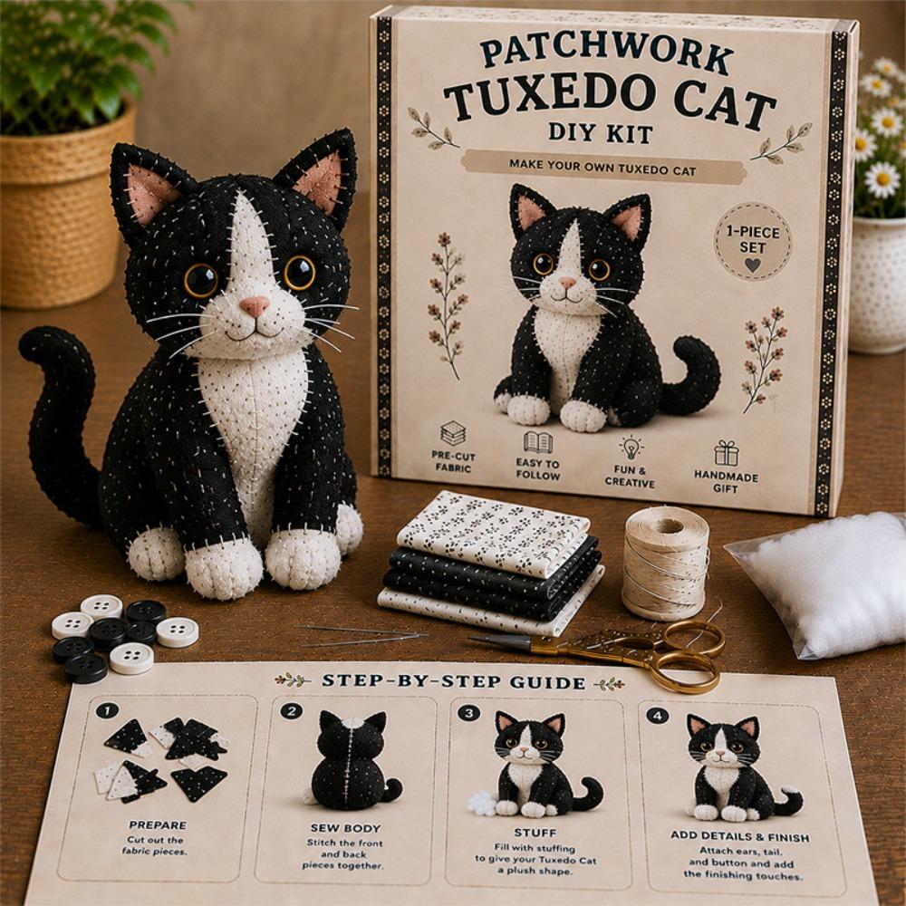 Step by Step Guide Cat Sewing Kit Pre Cut Fabric Patchwork Craft Kit Patchwork Cat Kit  Home Decor