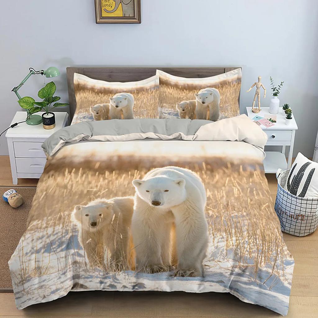 Polar Bear Duvet Cover 3D Lovely White Arctic Animals Kids Teens Women Wildlife Arctic Scenery Theme Quilt Cover Room Decoration