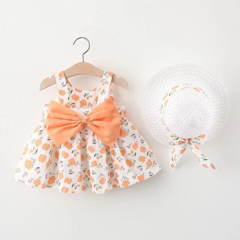A749 Vestido de Princesa para Bebé Niña de Verano con Lazo Grande y Falda de Flores, Incluye Sombrero, para Edades 1-4