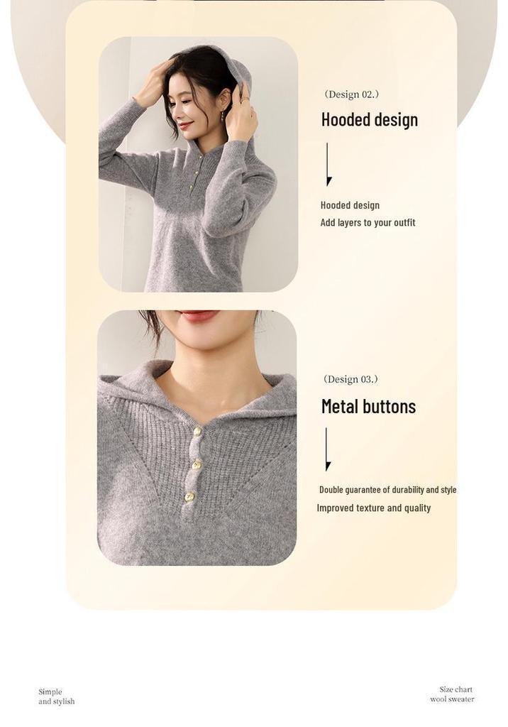 Women's 100% Pure Wool Half-Zip Hooded Sweater with Gold Buttons - New Autumn/Winter Fashion