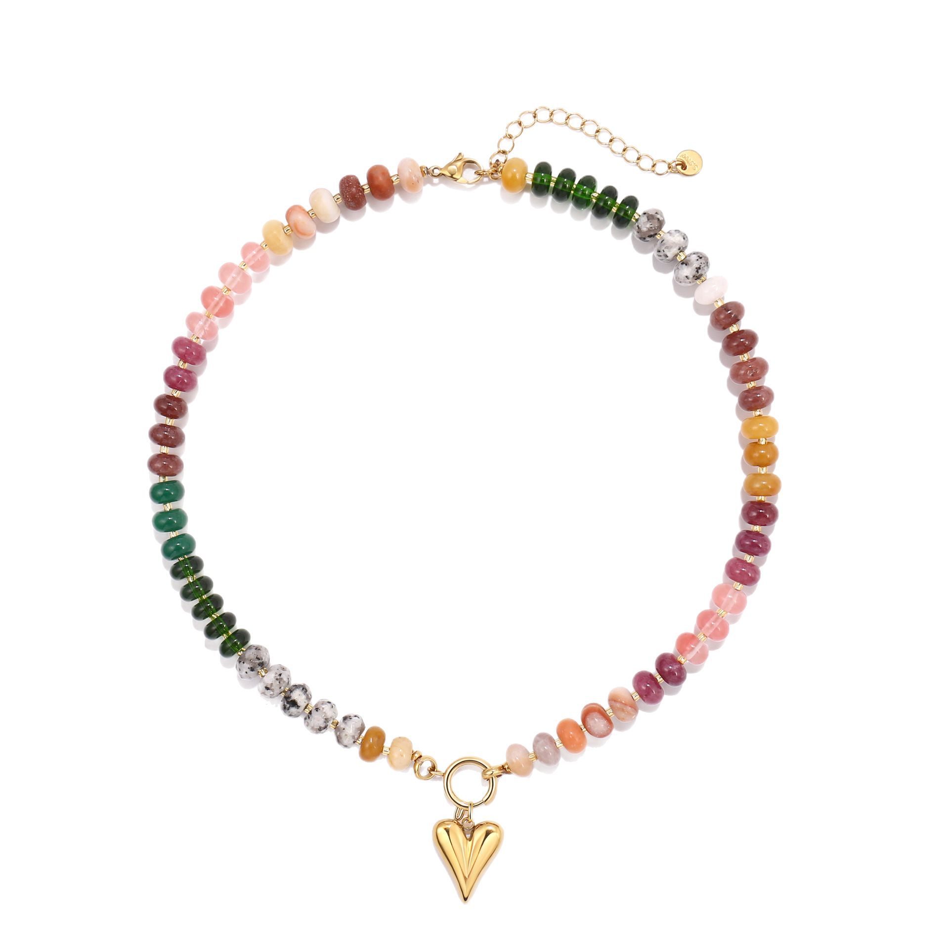 Bohemian Natural Stone Beaded Necklace Stainless Steel Heart Pendant Clavicle Chain разноцветный