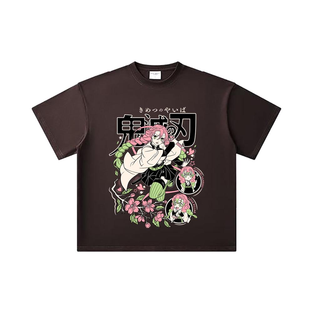 260 GSM Doppeltgarn 32er Zählung 100% Baumwolle Demon Slayer V6 Mitsuri Print Unisex Schweres Baumwoll-T-Shirt