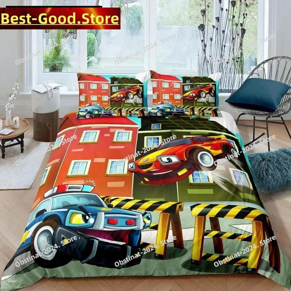 Copripiumino King Queen Auto della Polizia Set Biancheria da Letto Auto Cartone Animato Bambini Ragazzi Blu Grigio Veicoli di Emergenza Copripiumino in Poliestere