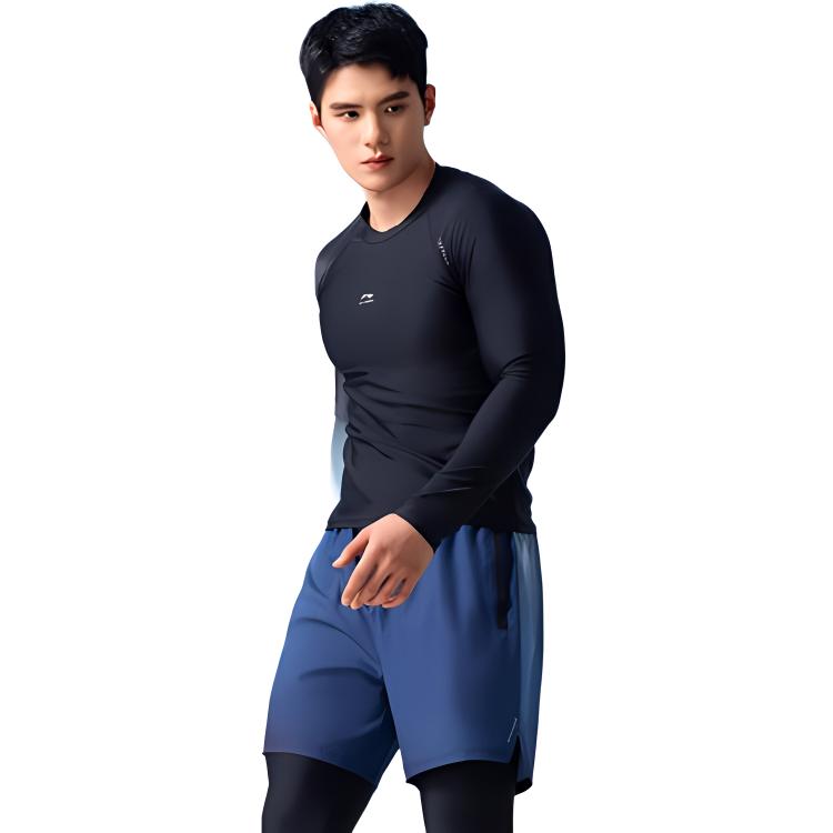 Li Ning Gradient Round Neck Long Sleeve Top With Drawstring Fake Two Piece Long Pants Swimsuit Set Men Swimsuit LSYV545-1