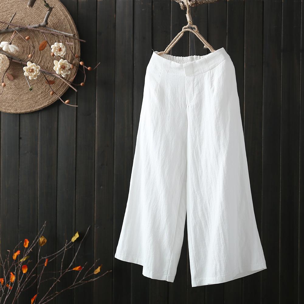 Elastic Waisted Cotton and Linen Wide Leg Pants, 9/10 Women's Thin Fit, Loose Oversized Summer High Waisted Linen Straight Leg Casual Pants