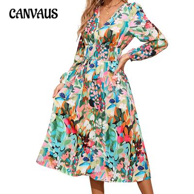Spring and Autumn Women's Dress Slim Temperament Printing Waist Long Sleeve Dresses