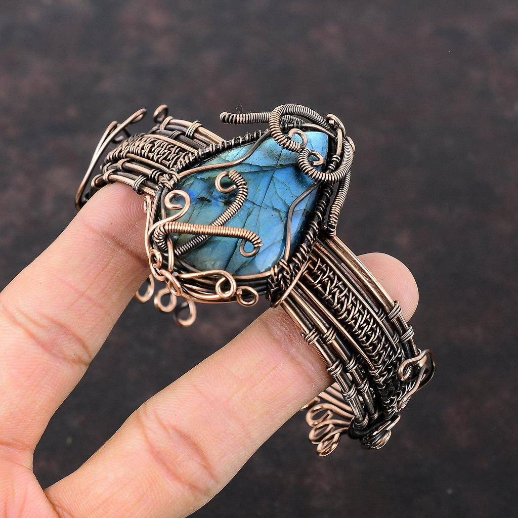 Labradorite Copper Cuff Bracelet Wire Wrapped Bangle Adjustable Bracelet Gemstone Cuff Bracelet Handmade Copper Bangle Labradorite Jewelry