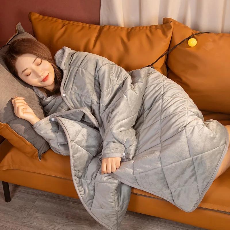 Cute Cartoon Office Cloak Shawl Nap Quilt Winter Home Lunch Break Thick Hooded Cloak Shawl Quilt Button Cloak Quilt