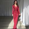 Introducing the 2025 Spring Solid Color V-Neck Ruched Bodycon Dress - Long Sleeve Elegance for Europe and America.