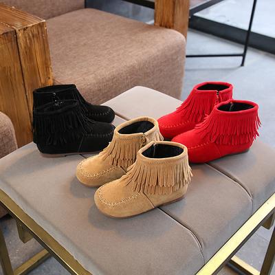 Winter Girls Fringes Ankle Boots Flock Warm Rubber Boots Toddler Kids Cotton Padded Tassels Boots Red Pink Black Color