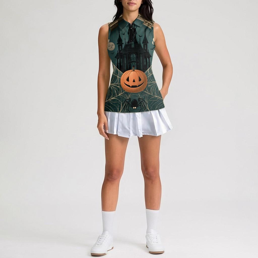 Women's Sleeveless Golf Shirt with Zip Front and Collar, Halloween Print Sporty Vest