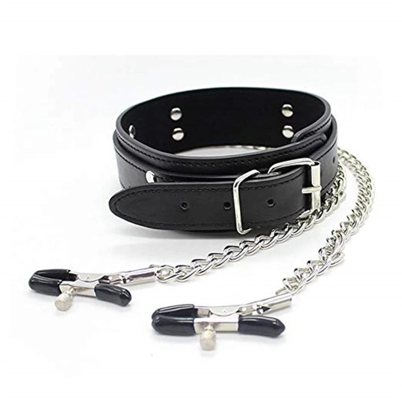 Faux Leather Choker Collar with Nipple Breast Clamp Clip Chain Couple Funny and Interesting Adult Games SM Sex Toys for