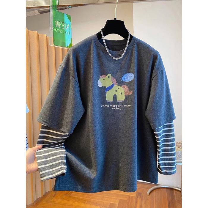 

Plus Size Cartoon Print Long Sleeve Cotton Top - Fake Two-Piece Design for Women 2XL (up to 160 jin) темно-серого