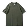 T-shirt bianca girocollo larga da 230g in puro cotone pesante con design versatile e logo stampato personalizzato.