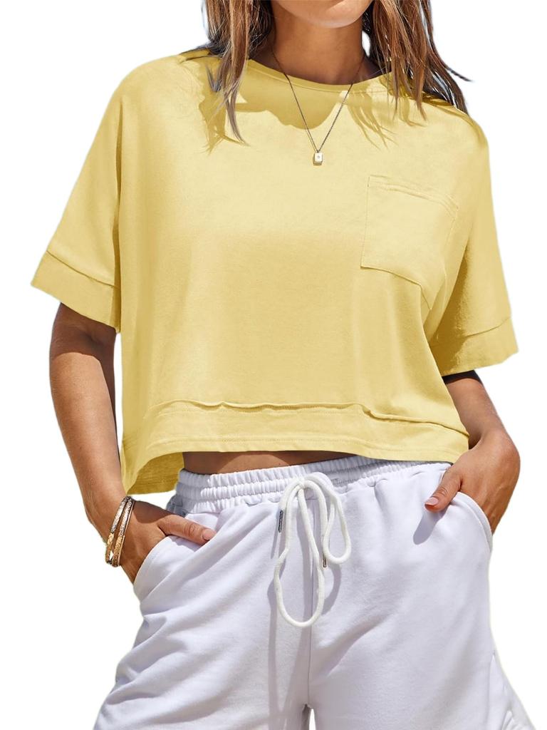 Womens Oversized Crop T Shirt Short Sleeve Workout Tee With Side Pockets