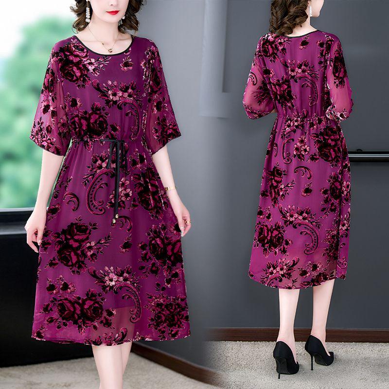 High-end Women's Velvet Dress Long Silk Dress Loose Floral A-Line Dress Spring Autumn