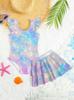 Kids Girls 2 Piece Galaxy Tie Dye Print One Piece Swimsuit with Ruffle Skirt Cover Up Summer Beach Swimwear