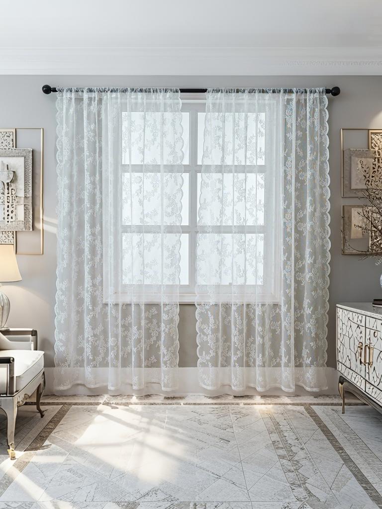1PC White Romantic Lace Curtain Sheer for Living Room Bedroom Bay Window Rose Floral Design Country Style Window Treatment