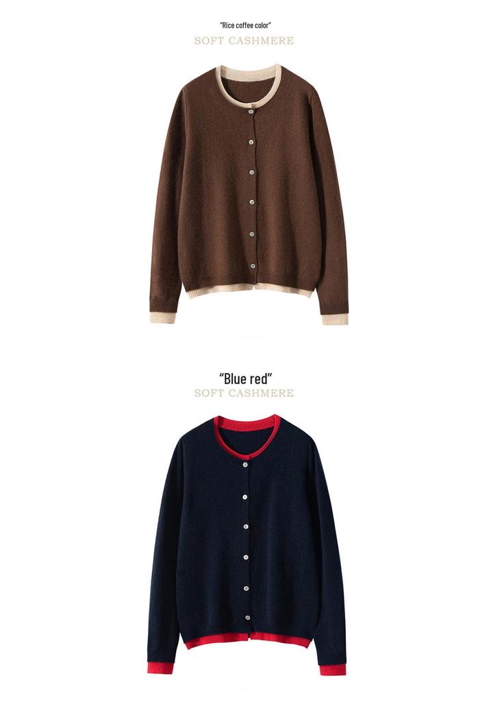Women's Designer-Style Cashmere Cardigan: Round Neck, Color-Block, Faux Two-Piece Sweater