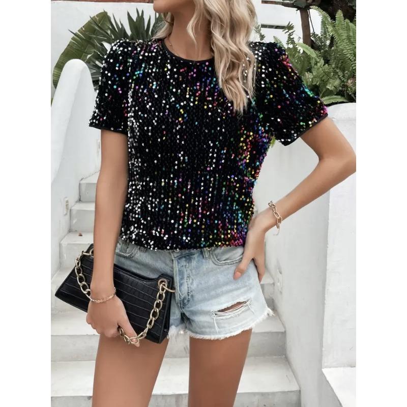Sequined Crew Neck Summer Women Blouse Commuter Loose Short Sleeved Top Women's Casual Elegant T-shirt Fashion Simple Streetwear Sweet Simple Shirts