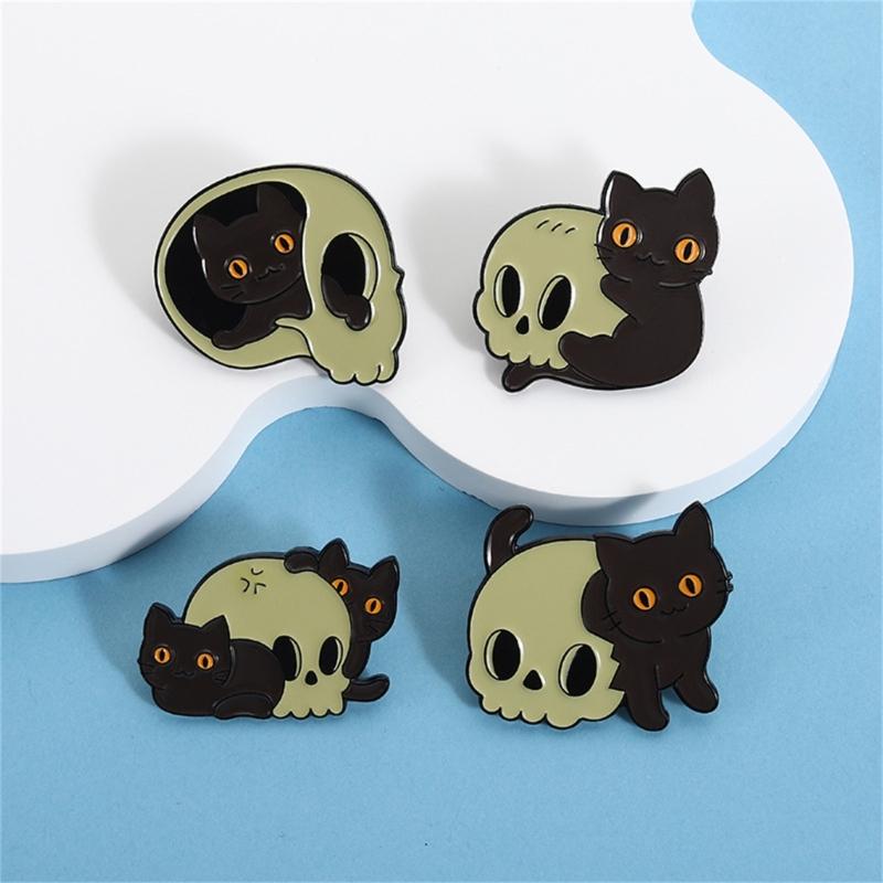 Unique Skeleton Cats Theme Metal Pin Creative Gift Mysterious Black Cats Jewelry For Gothic Culture Lovers