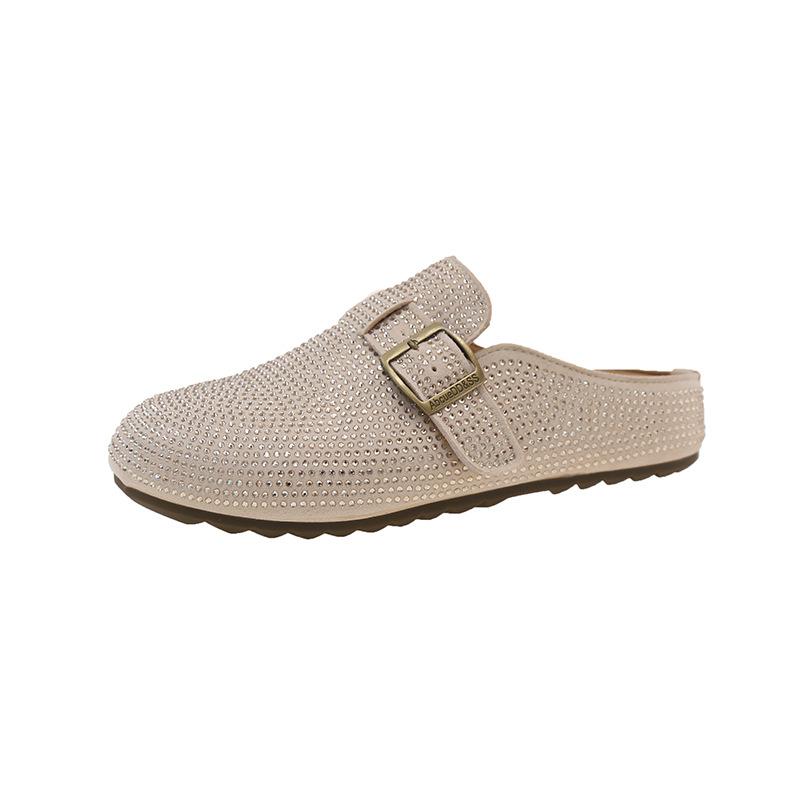 

2025 spring new thick-soled flat-bottomed comfortable lazy one-pedal Birkenstocks women full of diamonds bag head half slippers outside 40