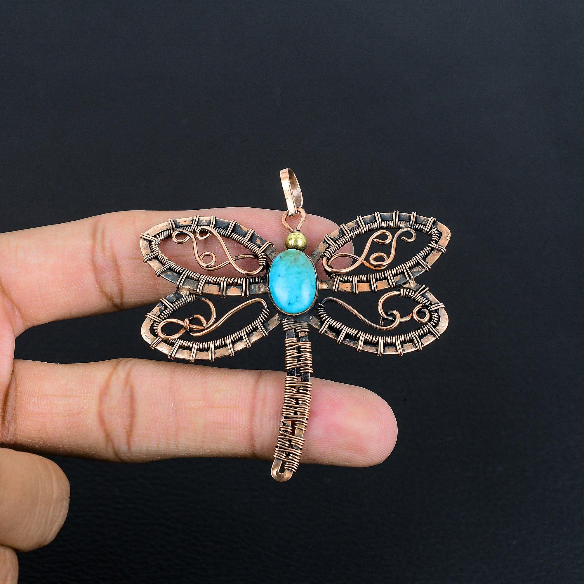 

Blue Turquoise Handmade Gemstone Butterfly Design Pendant, 999 Copper Wire Wrapped Antique Jewelry Pendant, For Engagement Gift