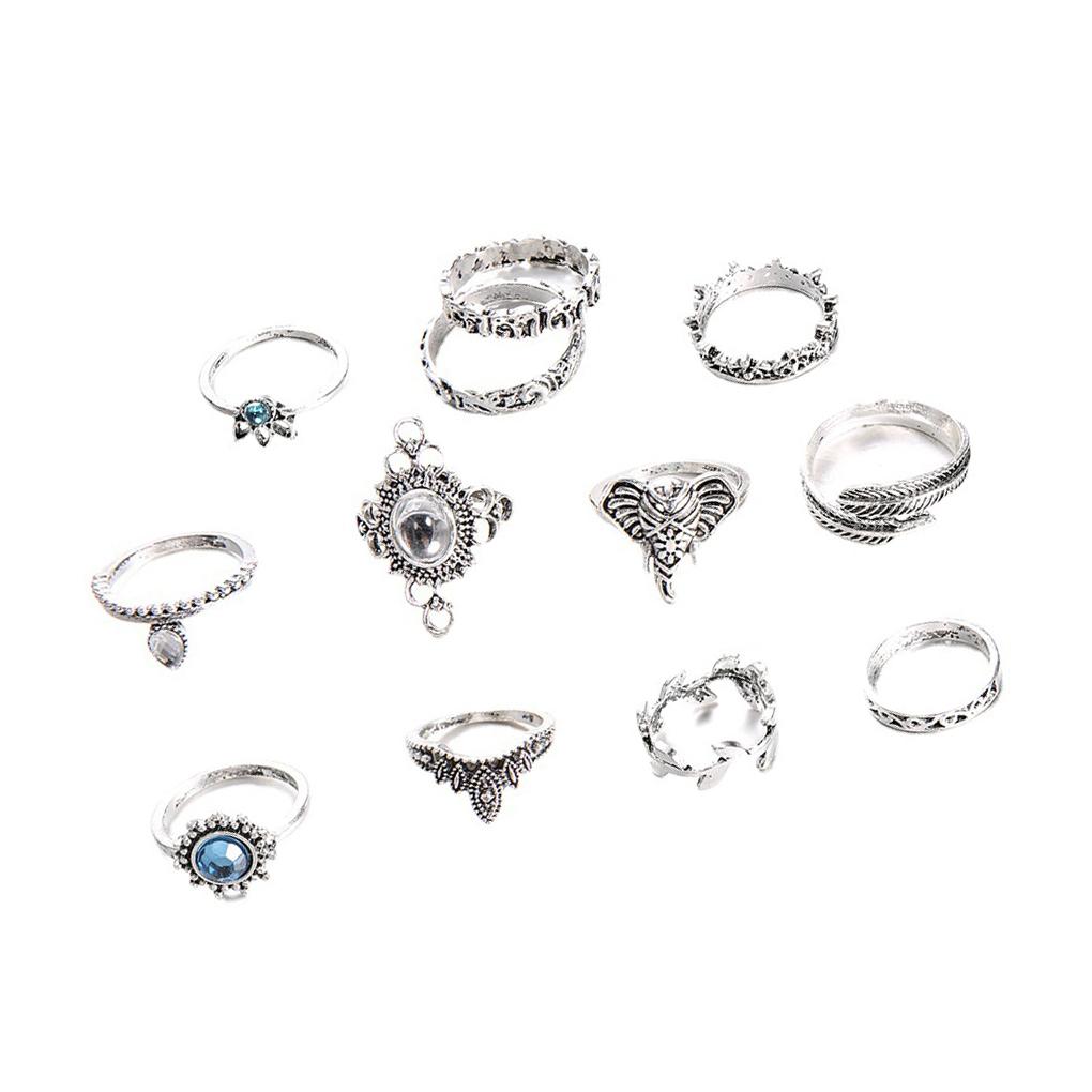 

Pack of 12 Ring Set Vintage Retro Beautiful Craftsmanship Hand Decor Bohemian Style Fashion Rustproof DIY Prop Alloy Rings