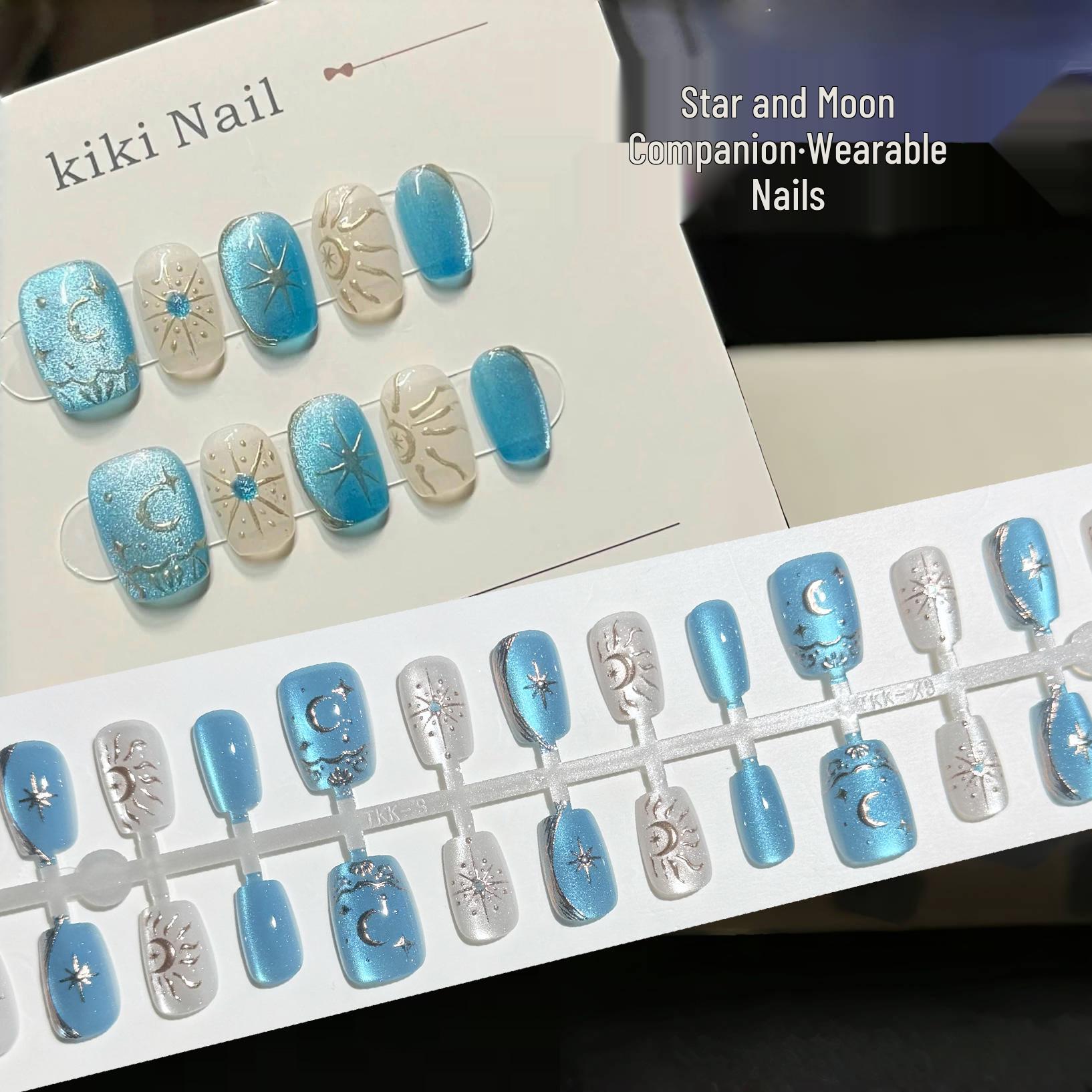 

Atlantis Blue Crystal Cat Eye Press-On Nails: Starry Blue Metallic Hand-Painted, Retro Style. Full Set S