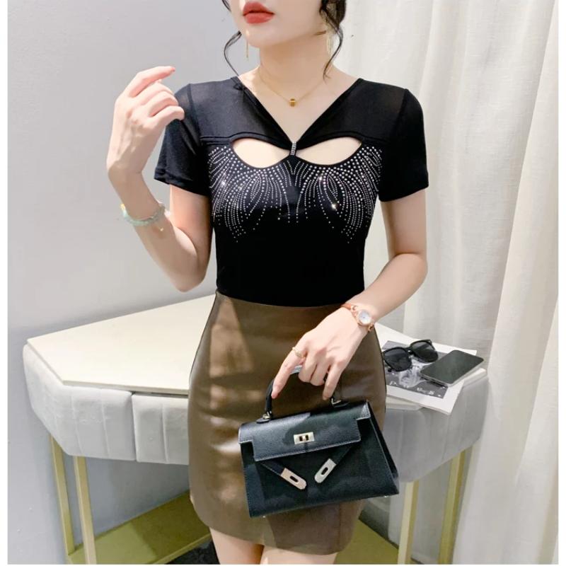 Nová letní móda Dámské síťované tričko Oblečení Šik Sexy Véčkový výstřih Vystřihované Diamantové trička Dámské Krátký rukáv Elastické Slim Top