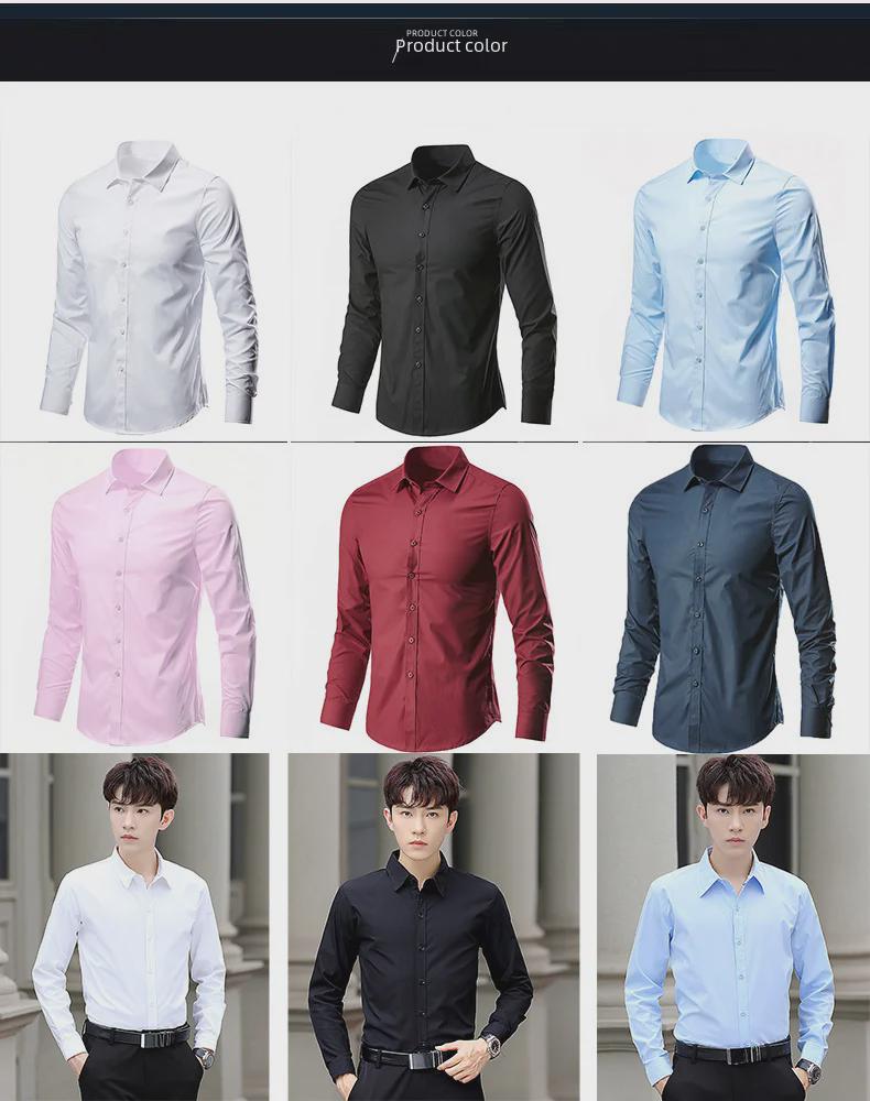 Men's Slim Fit Long Sleeve White Shirt - Iron-Free, Formal Korean Style