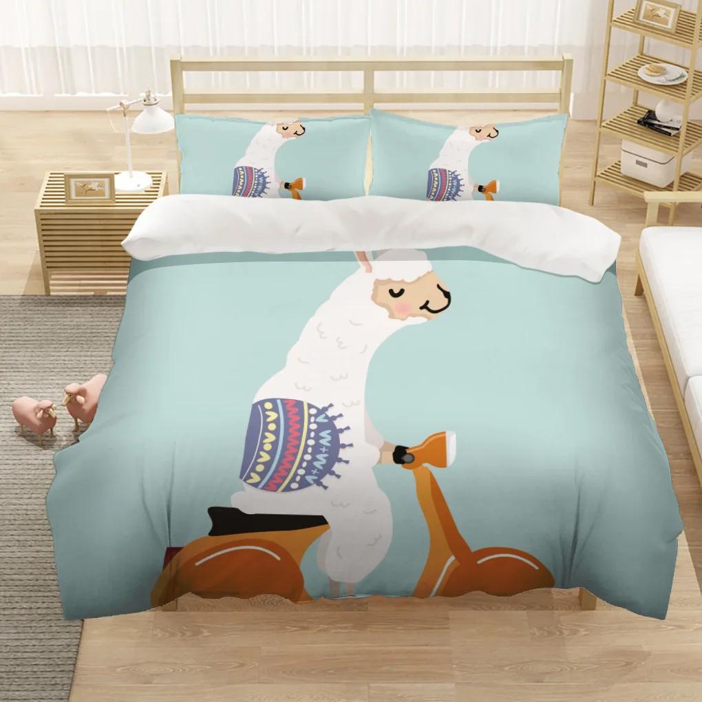 Cartoon Alpaca Duvet Cover King Queen Size Lovely White Animal Bedding Set for Kids Tropical Cactus 2/3pcs Polyester Quilt Cover