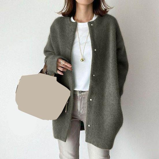 Yousheng Women Coat Round Neck Long Sleeve Solid Color Knitting Outwear Solid Color Loose Fit Mid-length Coat