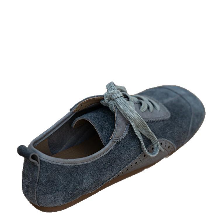 Retro Gray Matte Leather Soft-Soled Soft-Faced German Training Shoes Women'S Autumn And Winter Niche Flat-Bottomed Casual Lace-Up Single Shoes