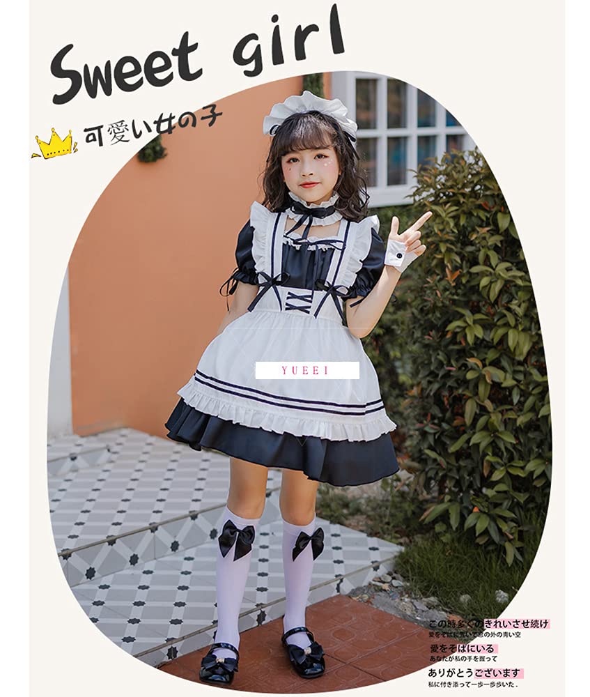 YUEEI Maid Outfit for Halloween Short Cute Lolita Set Kids, Cosplay, Girls' Dress, Sleeves, Style, Party, Event, Costume, Bow, 5-Piece (130)