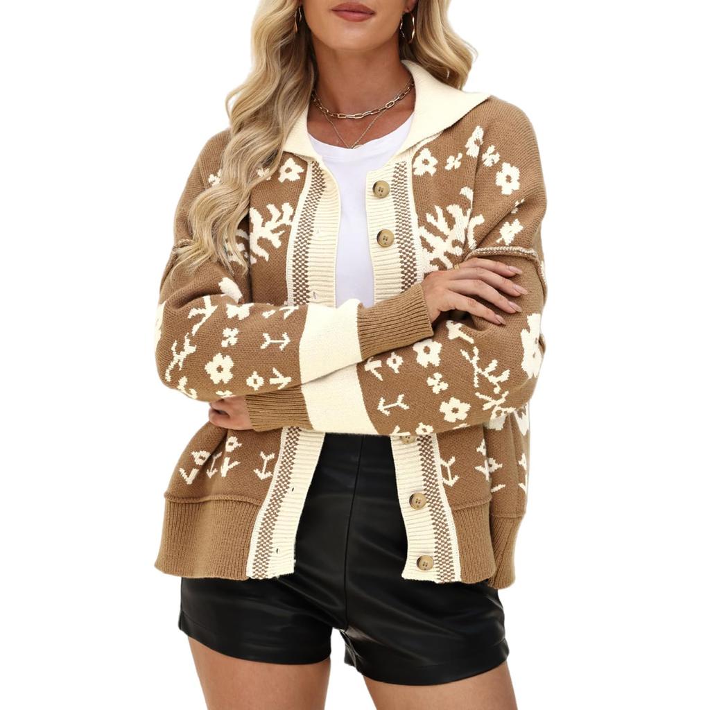 Women's Square Neck Button-Up Sweater Fashionable Loose-Fit Knit Cardigan Fuzzy Warm Coat