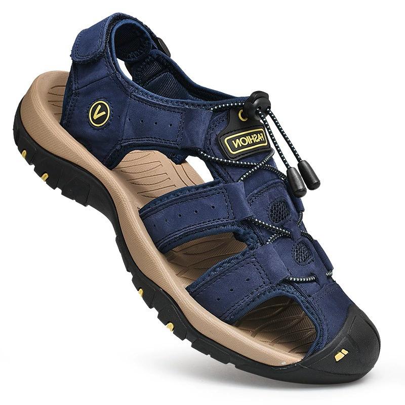 

Сандалии из коровьей кожи, мужская дышащая полая обувь для путешествий на открытом воздухе, дышащая и легкая 38 синий