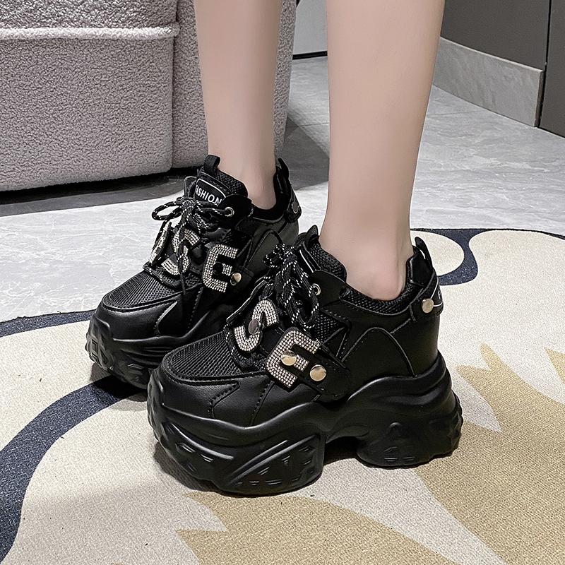 Damen Plateau Leder Sneaker Herbst 10CM Sportliche Dad Schuhe High Top Klobige Freizeitschuhe Frau Dicke Sohle Bling Weiße Schuhe