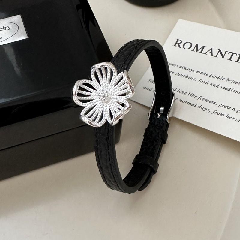 S925 Sterling Silver Korean Niche Big Flower Leather Bracelet - Retro Fashion Jewelry
