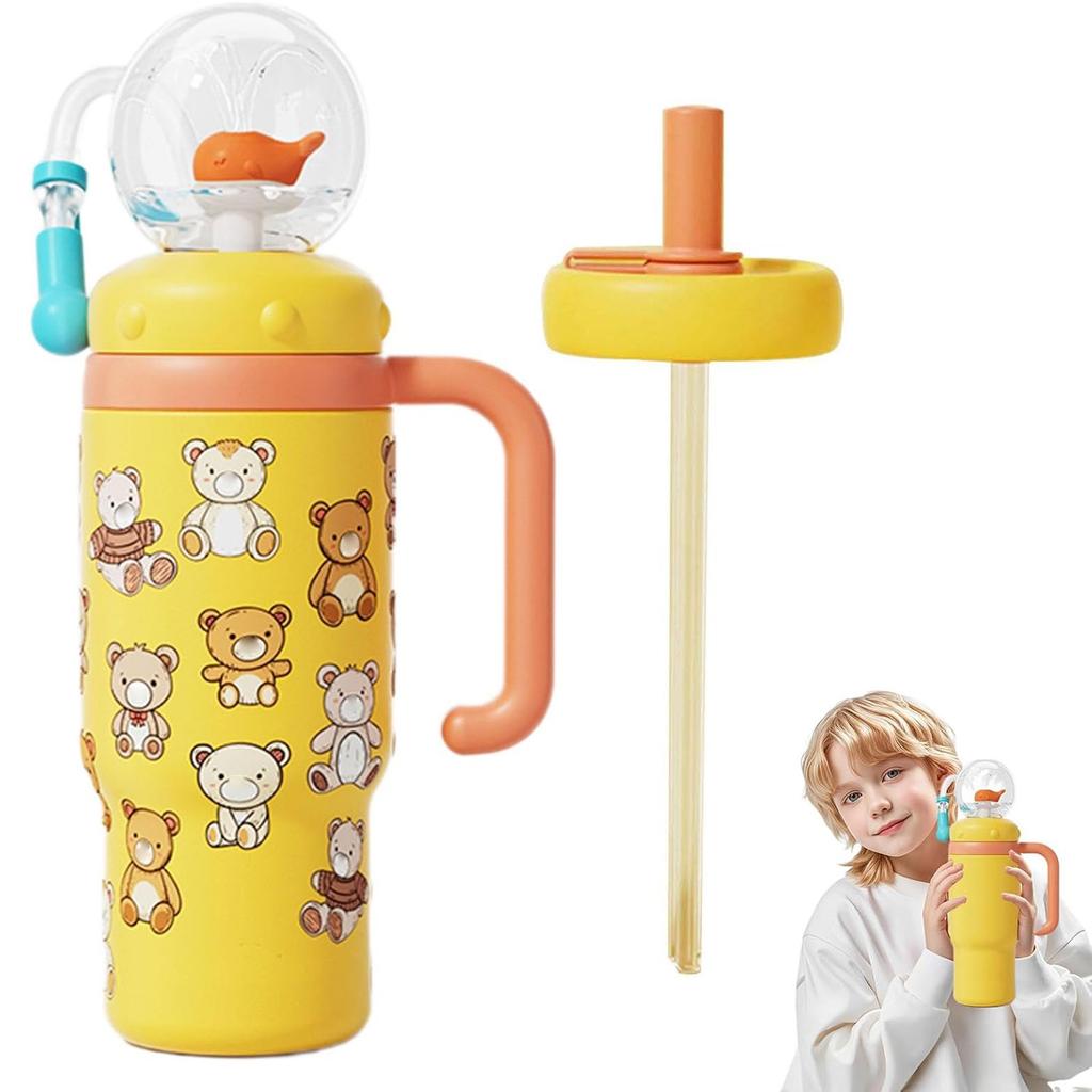 Drikkekopp med hvalsprut, 24 oz hvalkopp vannflaske, hvalspray-sippykopp i rustfritt stål, lekkasjesikker kopp med vektet sugerør for barn