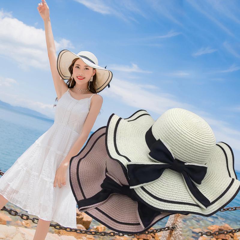 Summer Sun Hat Women Straw Hats Sunshade Panama Cap Fashion Bow Beach Hat Foldable Travel Caps